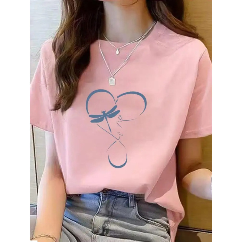 T-shirt rose avec impression Grand Coeur et Libéllule formant un grand Coeur