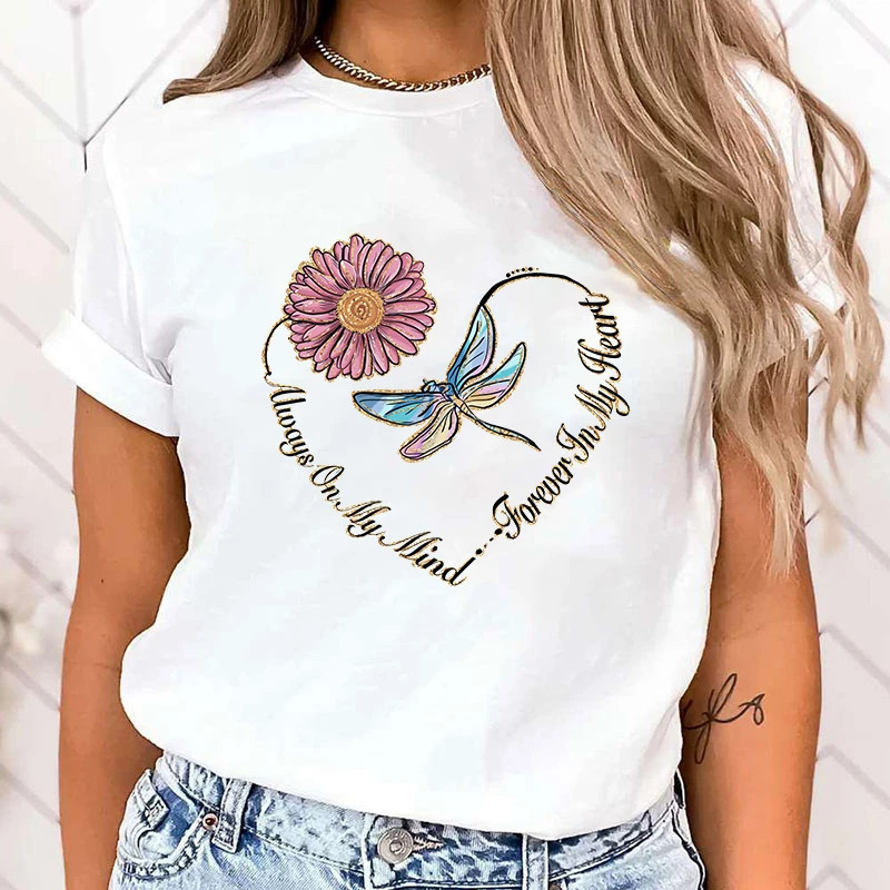 T-shirt libéllule avec impression fleur et libellule en forme de coeur couleur Blanc