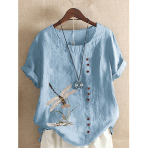 Grand T-shirt libéllule avec grandes libéllules tunique en coton et lin couleur Bleu