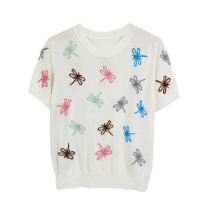 T-shirt libéllule arc-en-ciel pour femmes col rond crochet  couleur Blanc