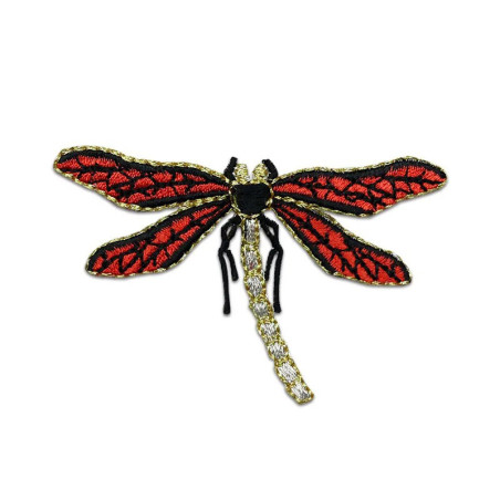 Patch brodé libéllule avec bord doré - 7.3cm x 4.6cm couleur Rouge