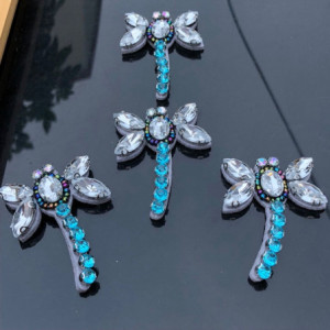 Patch libéllule en strass bleus et perles - à coudre 4.3cm x 6cm - Lot de 5 pièces