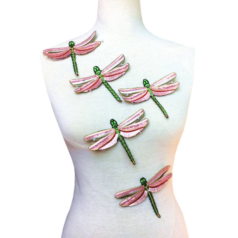 Patch libéllule Rose 3D à coudre - 13cm x 10cm - Lot de 10 pièces