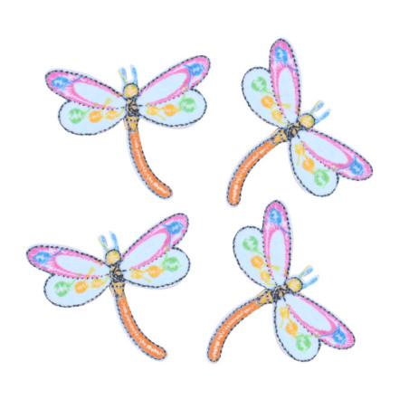 Vue détaillée Patches libéllules roses et bleues brodées thermocollants - 6.3cm x 5cm - Lot 5 pièces