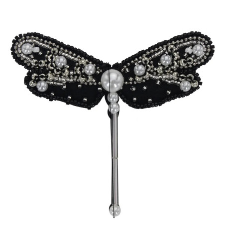 Patch à coudre libellule en strass noirs - 8.7cm x 6.5cm