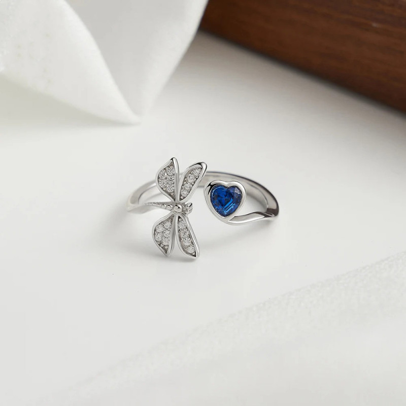 Vue générale Bague Libéllule avec petit Coeur en Argent Sterling 925 véritable Couleur Argent