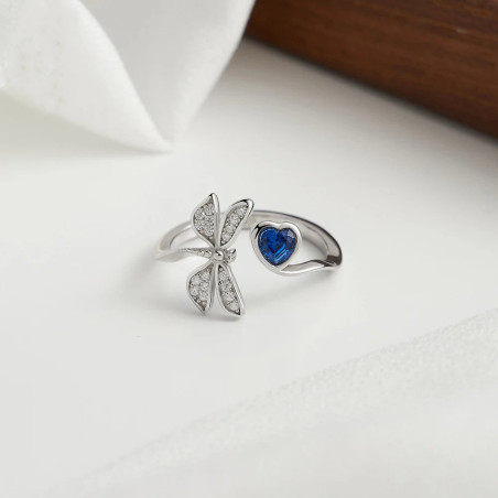 Vue générale Bague Libéllule avec petit Coeur en Argent Sterling 925 véritable Couleur Argent