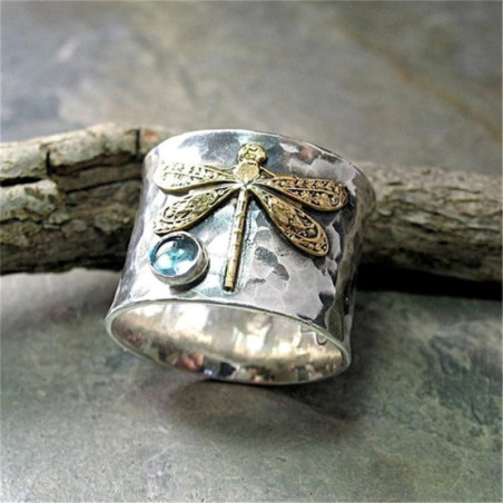 Bague Libéllule Design Vintage avec pierre bleue