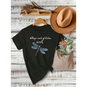 T-shirt libéllule avec citation et grande libéllule couleur noir