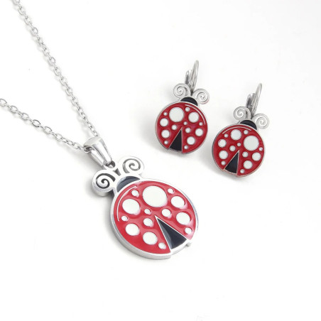 Ensemble Collier et Boucles d'Oreilles Coccinelle Couleur Argent