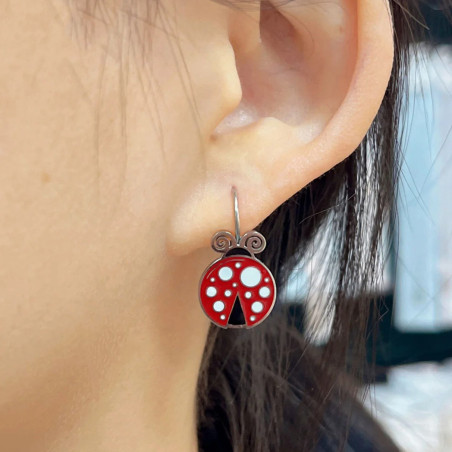 Vue Portée Anneaux d'oreille Ensemble Collier et Boucles d'Oreilles Coccinelle Couleur Argent