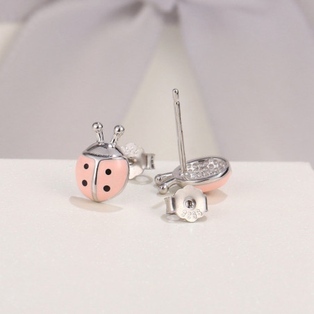 Boucles d'Oreilles Coccinelle de couleur Rose en Argent Sterling 925