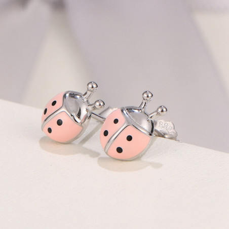 Vue générale Boucles d'Oreilles Coccinelle de couleur Rose en Argent Sterling 925