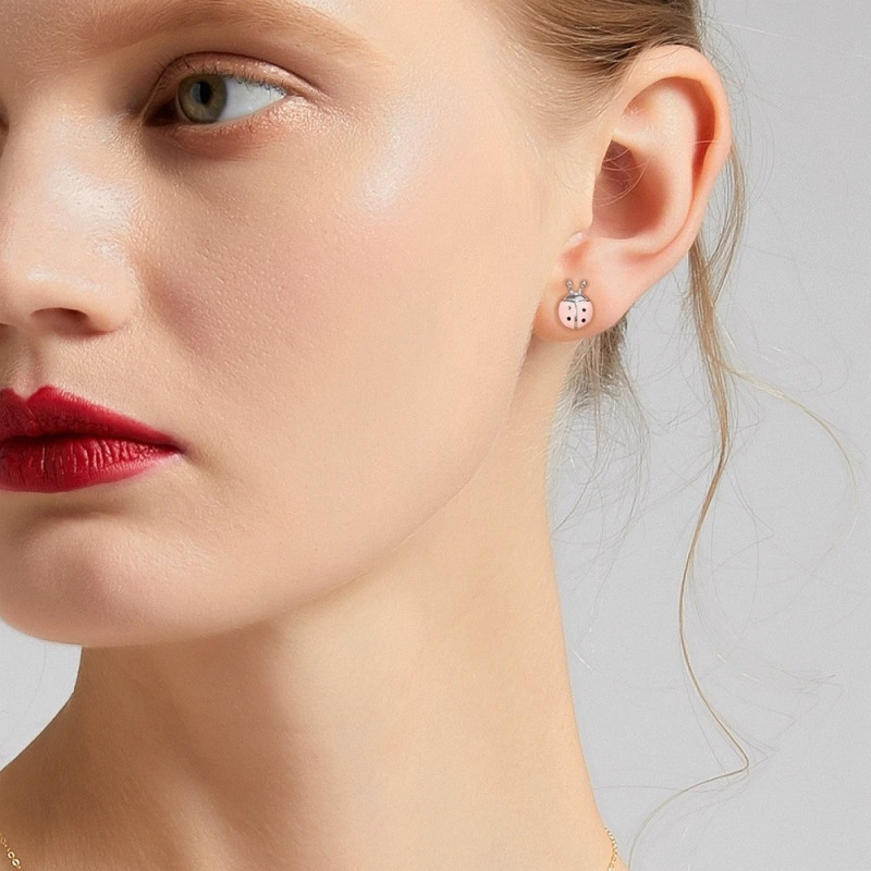 Vue Portée Boucles d'Oreilles Coccinelle de couleur Rose en Argent Sterling 925