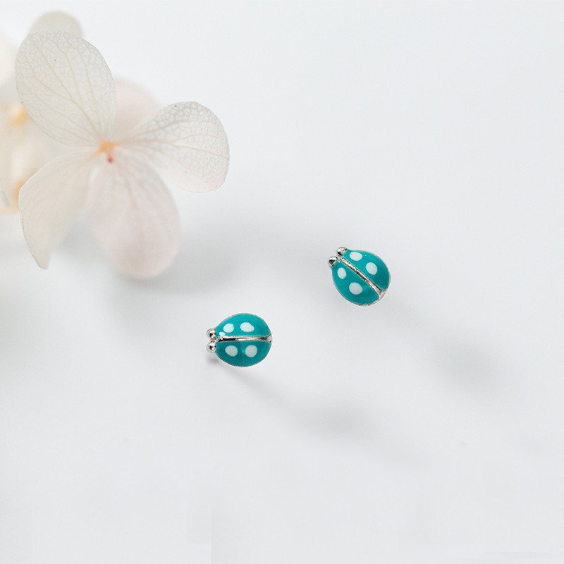 Boucles d'Oreilles Coccinelle de couleur Verte en Argent Sterling 925