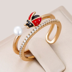 Bague Coccinelle Volante et Perle blanche Redimensionnable en or Rose 585