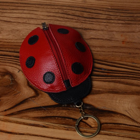 Porte-clés Petit Porte-Monnaie Coccinelle en Cuir de Vache véritable Couleur Rouge