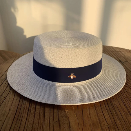 Chapeau de paille rétro tressé pour femme avec petite abeille Perle Blanche Couleur blanc