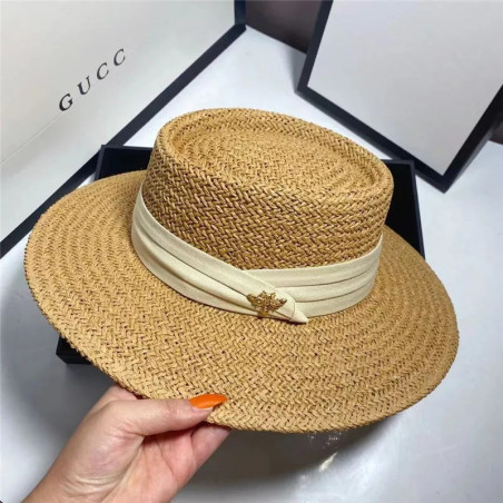 Chapeau de paille rétro tressé pour femme avec petite abeille et ruban