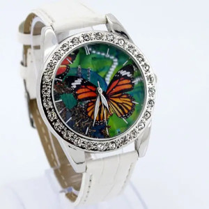 Montre Papillon Cadran Strass Grand Papillon avec bracelet en cuir couleur Blanc