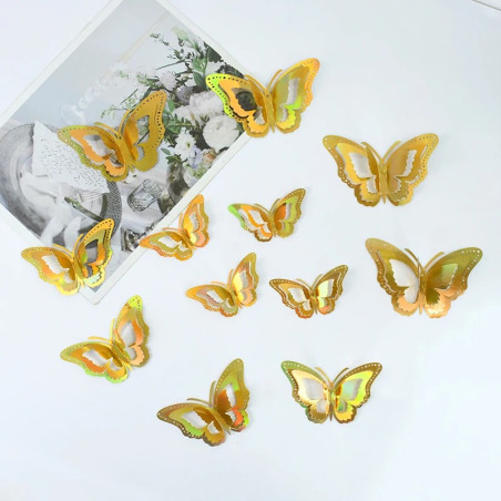 Autocollant mural papillon 3D avec ailes creuses à double couche - couleur jaune or