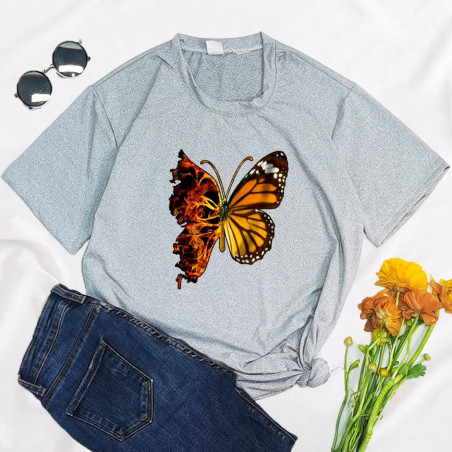 T-shirt Papillons avec imprimé Grand Papillon et Flammes Couleur Gris