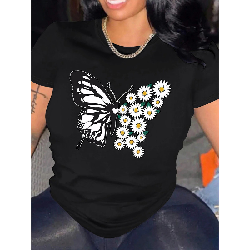 T-shirt Grand Papillon avec petites Marguerites couleur Noir