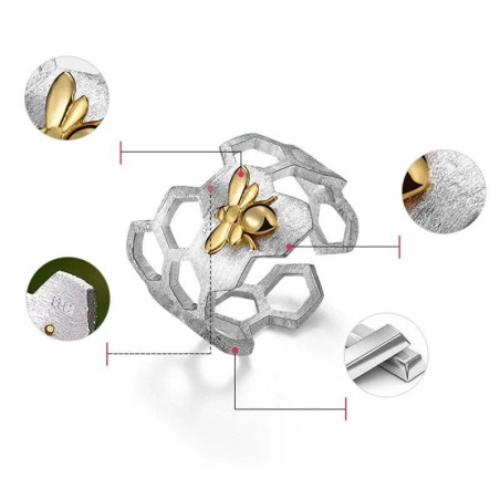 Détails de la Bague en argent nid d'abeille en véritable argent sterling 925 et or 18 carats