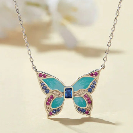 Avant Collier papilion aux ailles bleues roses et vertes  en Argent Sterling 925