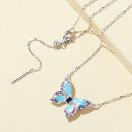 Vue générale Collier papilion aux ailles bleues roses et vertes  en Argent Sterling 925