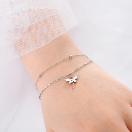 Bracelet Libellule Double Chaîne Élégante couleur argent