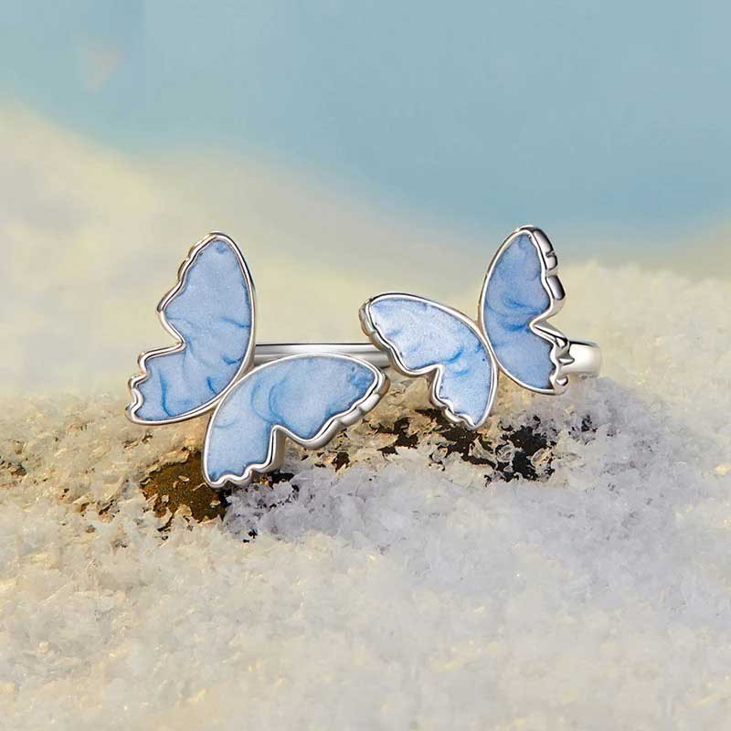 Anello Tre Farfalle Danzanti - Blu Celeste - Eleganza & Stile