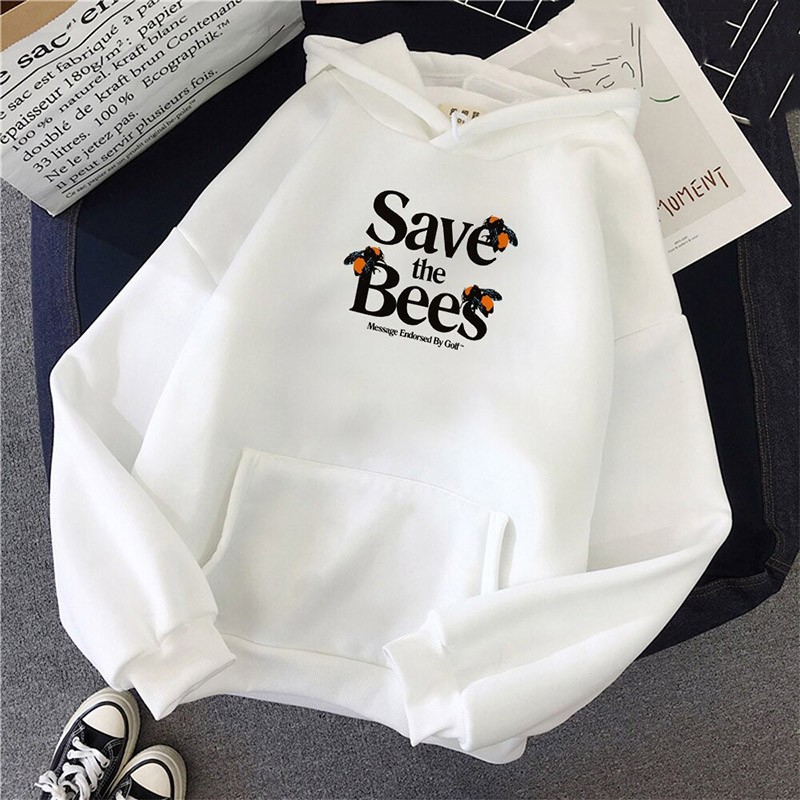 Sweatshirt Abeille femme à capuche à manches longues SAVE THE BEES en blanc