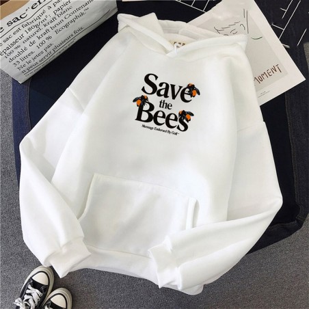 Sweatshirt Abeille femme à capuche à manches longues SAVE THE BEES en blanc