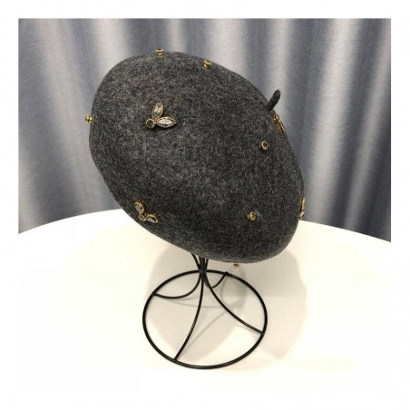 Béret en laine pour femme avec abeille cristal gris foncé