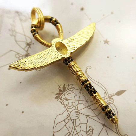 Ciondolo Ankh Scarabeo Oro – Argento 925 Dorato & Pietre Nere