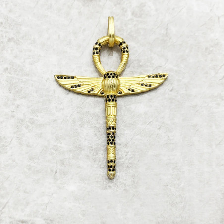 Ciondolo Ankh Scarabeo Oro – Argento 925 Dorato & Pietre Nere