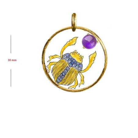 Collana Scarabeo "Danza Solare" – Cerchio Dorato & Cristallo Viola