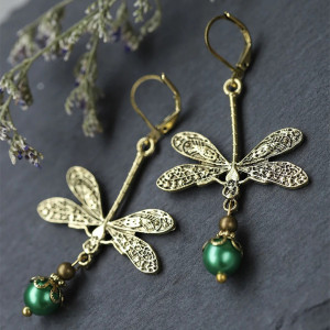 Orecchini Perla Smeraldo Bohème - Gioiello Libellula Vintage