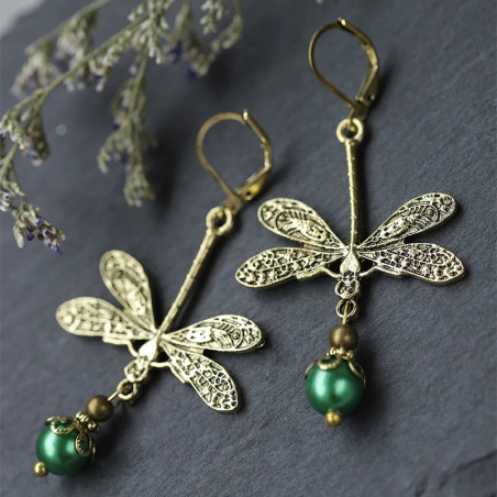 Orecchini Perla Smeraldo Bohème - Gioiello Libellula Vintage