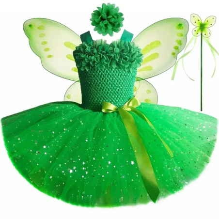 Costume da Fata Verde Bambina | Vestito Tutù con Ali & Bacchetta