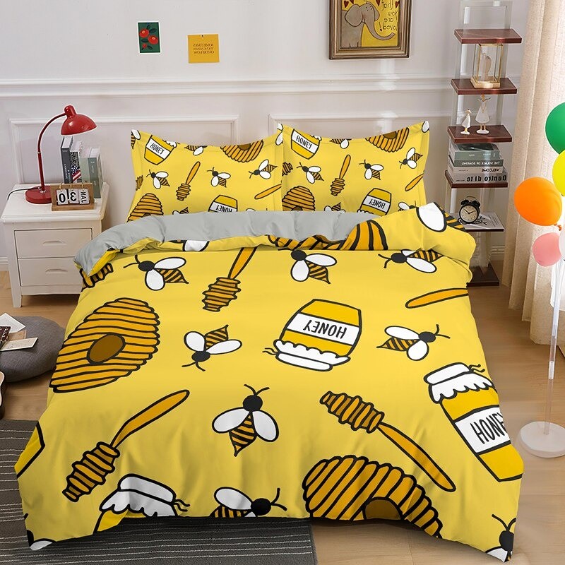 Parure de lit abeille - housse de couette avec taie d'oreiller Abeilles Ruches et Miel fond jaune