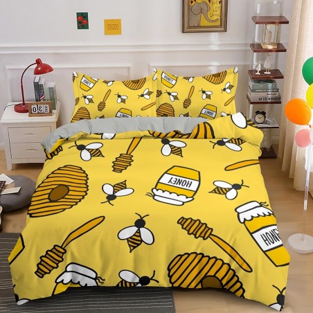 Parure de lit abeille - housse de couette avec taie d'oreiller Abeilles Ruches et Miel fond jaune