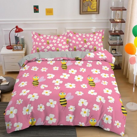 Parure de lit abeille - housse de couette avec taie d'oreiller tout en rose