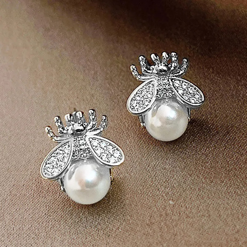 boucle d'oreilles abeille Clous perles dorés ou argentés - modèle argent