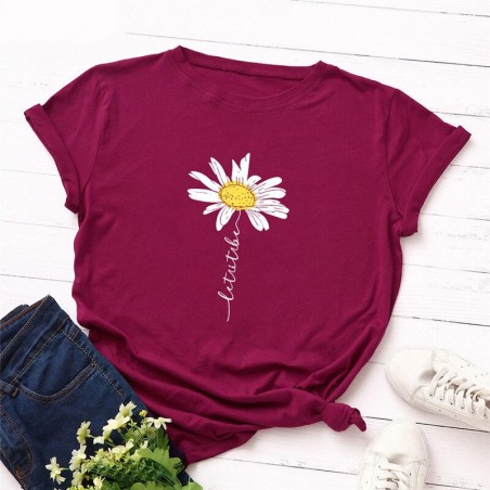 T-Shirt à manches courtes Femme Let it Be imprimé marguerite couleur rouge bordeau