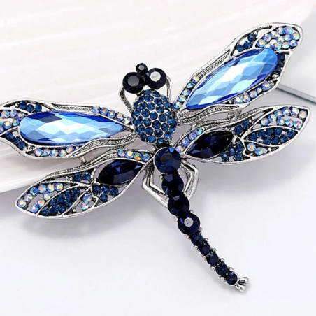 Broche libellule vintage en cristal bleu