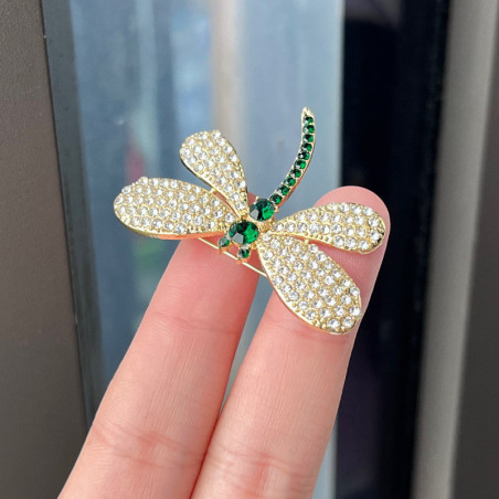 Broche libellule strass aux ailes dorées vue complète