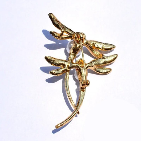 Vue arrière Élégante Broche double Libellules en Émail Multicolore avec perles