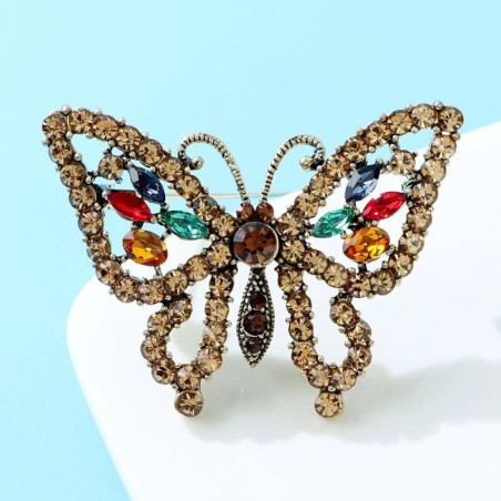 Broche Papillon Composée de Strass Couleur Marron